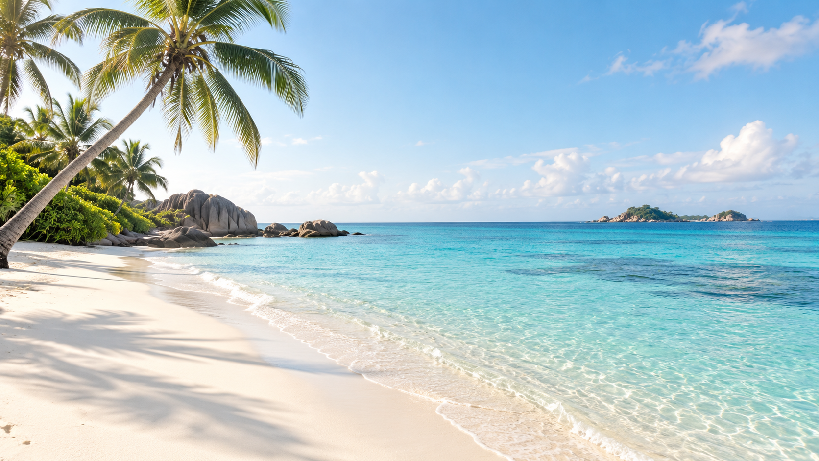 Tropical shoreline with clear blue water and palm trees